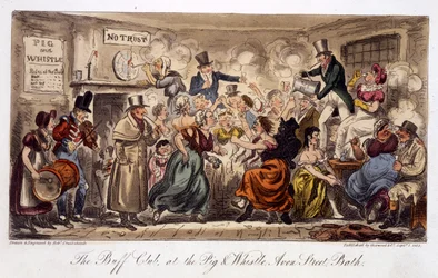 Der Buff Club im Pig and Whistle, Avon Street, Bath, aus The English Spy, veröffentlicht in London, 1825